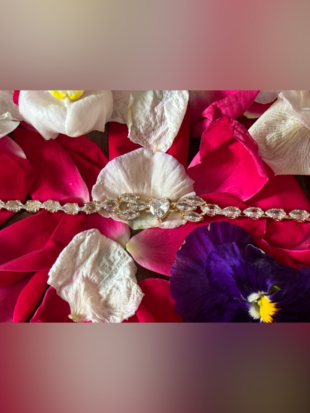 Gold Crystal Tennis Bracelet with Heart Center Stone With Crystal Extender - Picture 3 of 8